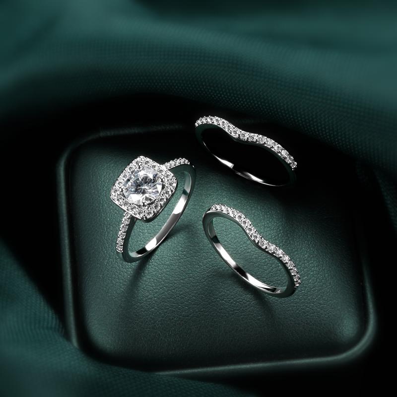 GEMSME 1.5 CT Round Cut Classic Three-in-One 3 Pieces Set Halo Wedding Engagement Promise Eternity Opal Ring for Women Mother Day Birthday Christmas Gift R-0969