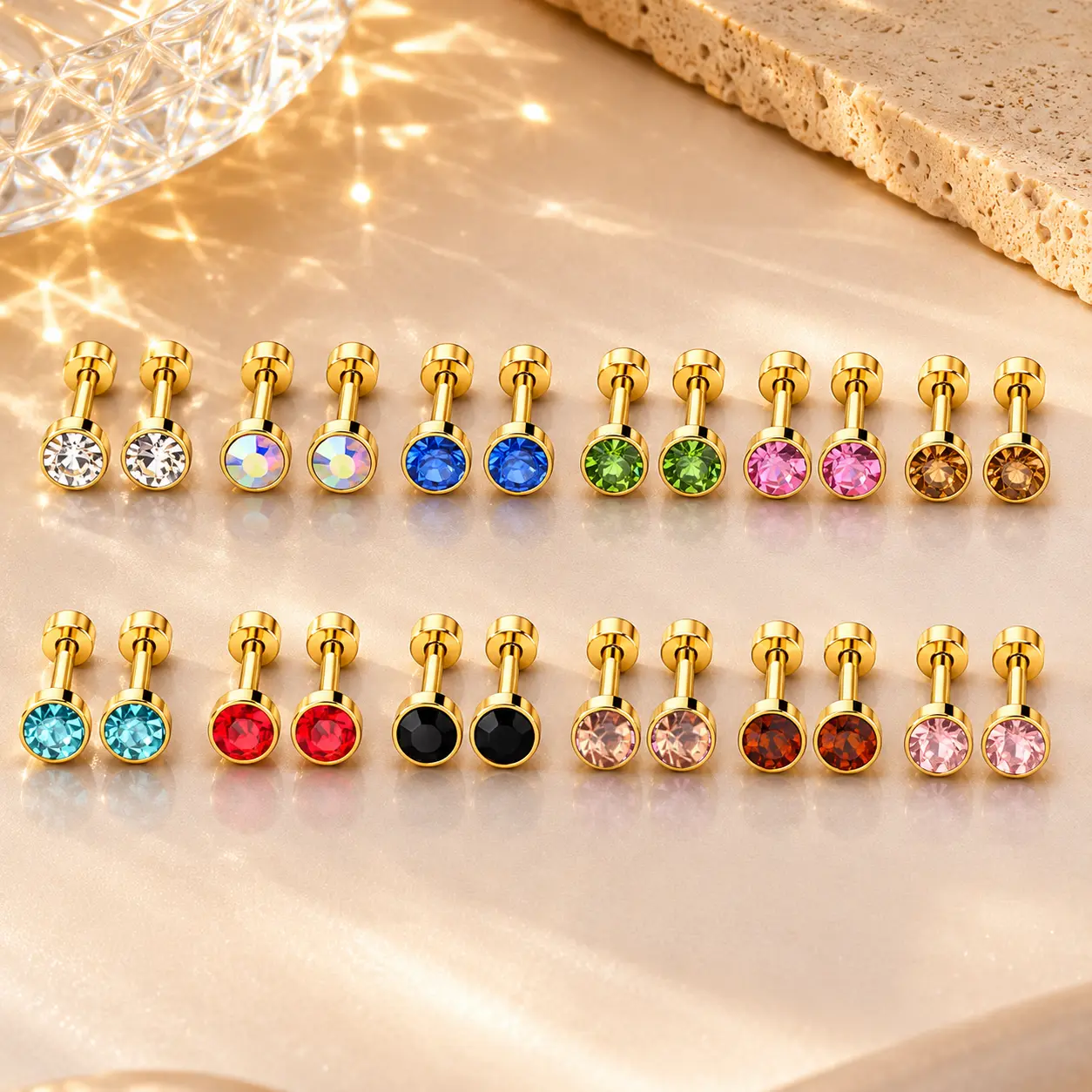 12 Pairs 14k Gold Plated Surgical Stainless Steel Stud Earring, Cubic Zirconia CZ Stud Earrings for Women, Multicolor Birthstone Stud Earrings Set