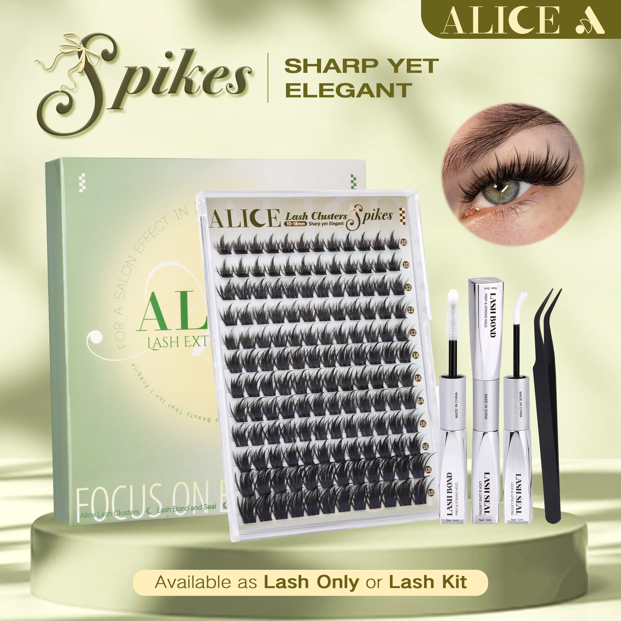 ALICE Natural Spike Lash Clusters Kit - CD Curl 10-18mm Thin Band Wispy Plastic DIY Lash Set for Daily & Workplace Use