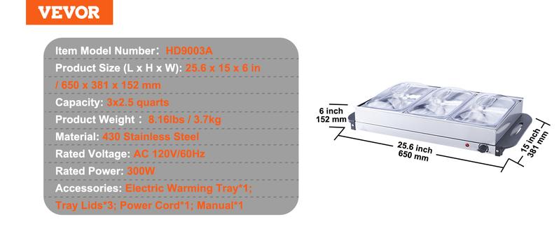 VEVOR Electric Buffet Server & Food Warmer, TikTokShopBlackFriday, 25.6" x 15" Portable Stainless Steel Chafing Dish Set with Temp Control & Oven-Safe Pan, Perfect for Catering, Parties, Events, Entertaining, Silver, ETL