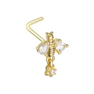 Queen Bee with Dangling Gem L-Bend Nose Stud - Gold Plated 316L Stainless Steel