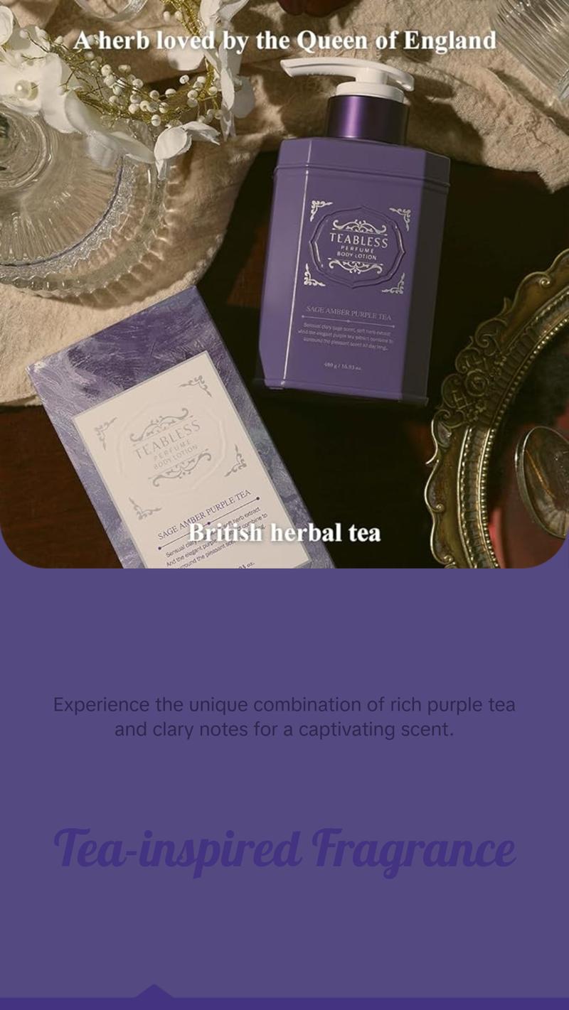 TEABLESS Perfume Body Lotion Sage Amber Scent, Herbal Ceramides, Anthocyanins,Soothe&Moisturize the skin. 16.9Fl Oz 480g