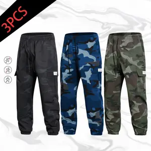 Men’s summer camouflage cargo jogger three-piece set, American street style, large side pockets, drawstring elastic waistband, jogger fit suitable for men’s everyday outdoor casual wear