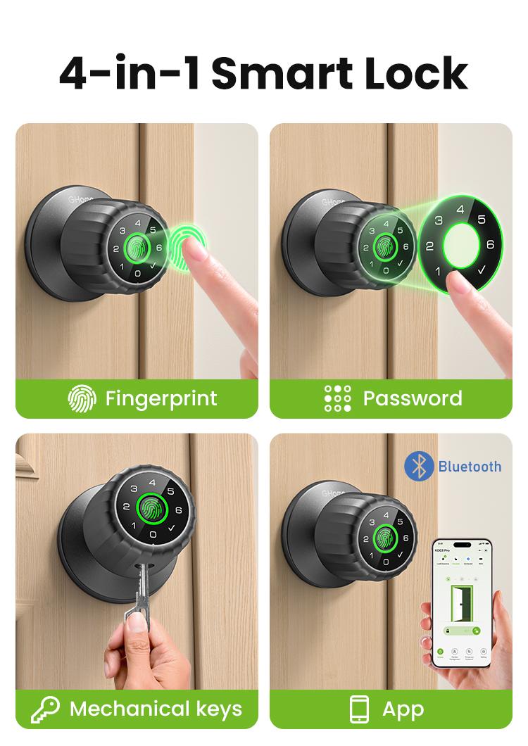 GHome Smart 4-in-1 Keyless Entry Door Knob with Biometric Fingerprint, Keypad, App and Bluetooth Control, Rechargeable Battery with Removable Charging Design for Home, Bedroom, and Apartment