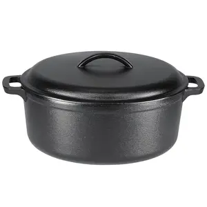Round Pre-Seasoned Cast Iron Dutch Oven Pot with Lid and Dual Handles, Heavy-Duty & Large, 2/7-Quart, Black