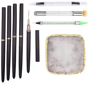 Nail Art Mastery 9-Piece Professional Nail Brush & Tool Set with Dual-Ended Silicone Stamper Wax Dotting Rhinestone Pen Palette and Chrome Powder Pen