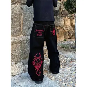 Men's street style streetwear, American design straight leg denim, high waist wide leg embroidered hip-hop fashion