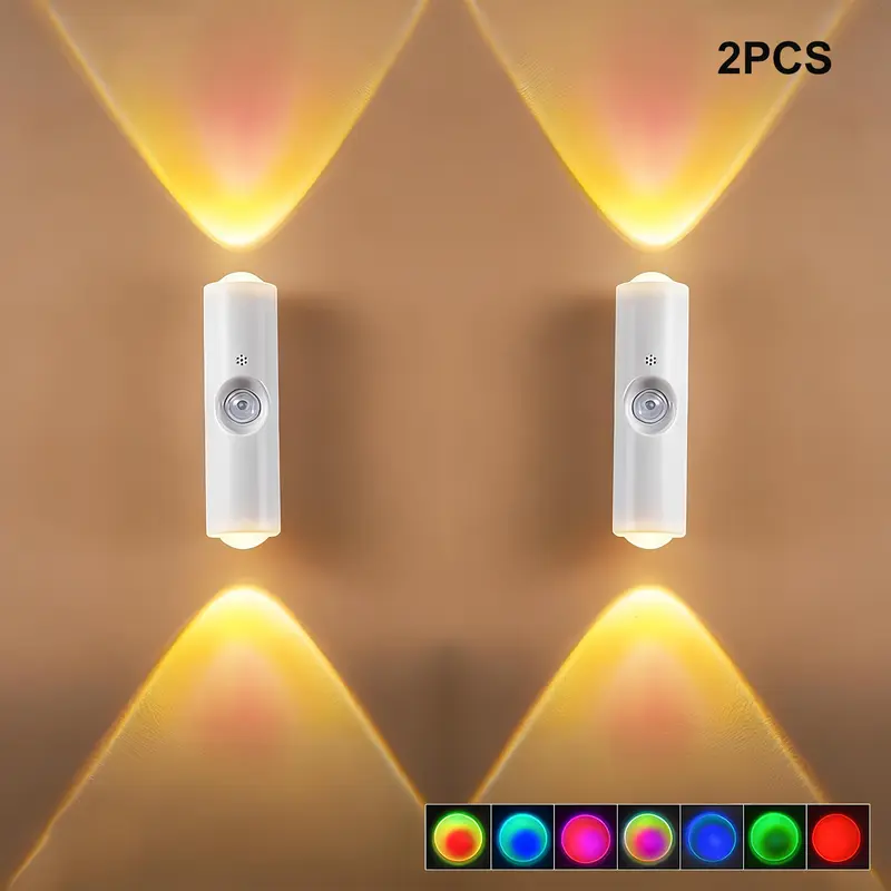 2-Pack 2 LED Lights Rechargeable Smart RGBW Wall Sconces - Room Accessory, Auto Night Sensor, Dimmable Magnetic Stick-On, USB Charging, Long-Lasting Batteries, RGB Gradient, Modern Mood Night Light Bedroom Decor