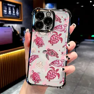 Electroplated Four Corner Anti-Fall Stylish Pink Turtle Phone Case forPhone Case for iPhone 17/16/15/14/13/12/11/xs/xs max/xr/Samsung/S22/S23/S24/S25PLUS  FE ULTRA  EDGE iPhone 16 Pro Max 15 Plus 14 13 12 11 E Shockproof Transparent Protective Cover