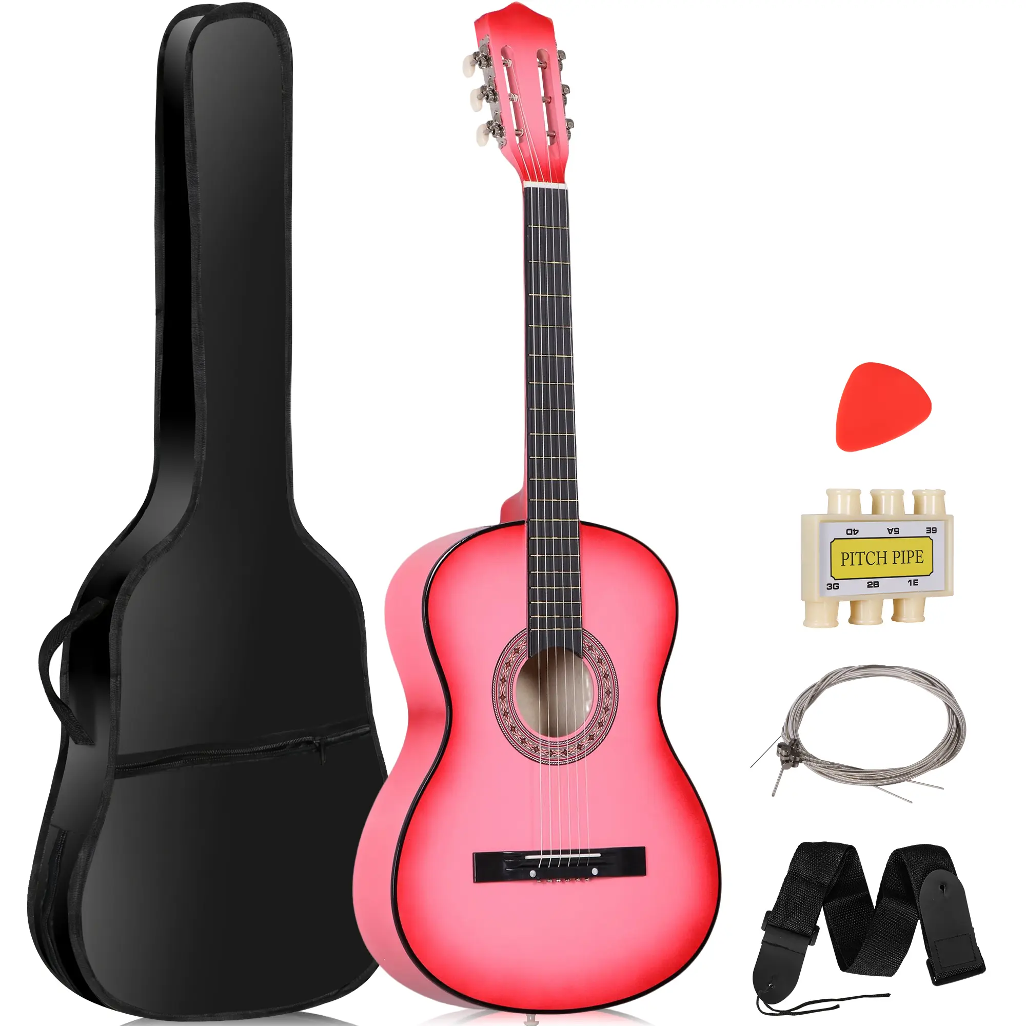 Zeny 38-in Lightweight All-Wooden 6-String Beginner Acoustic Guitar Full Set for Kids - Includes Case, Strap, Tuner, Picks, Stylish Pink Musical Toy Gift
