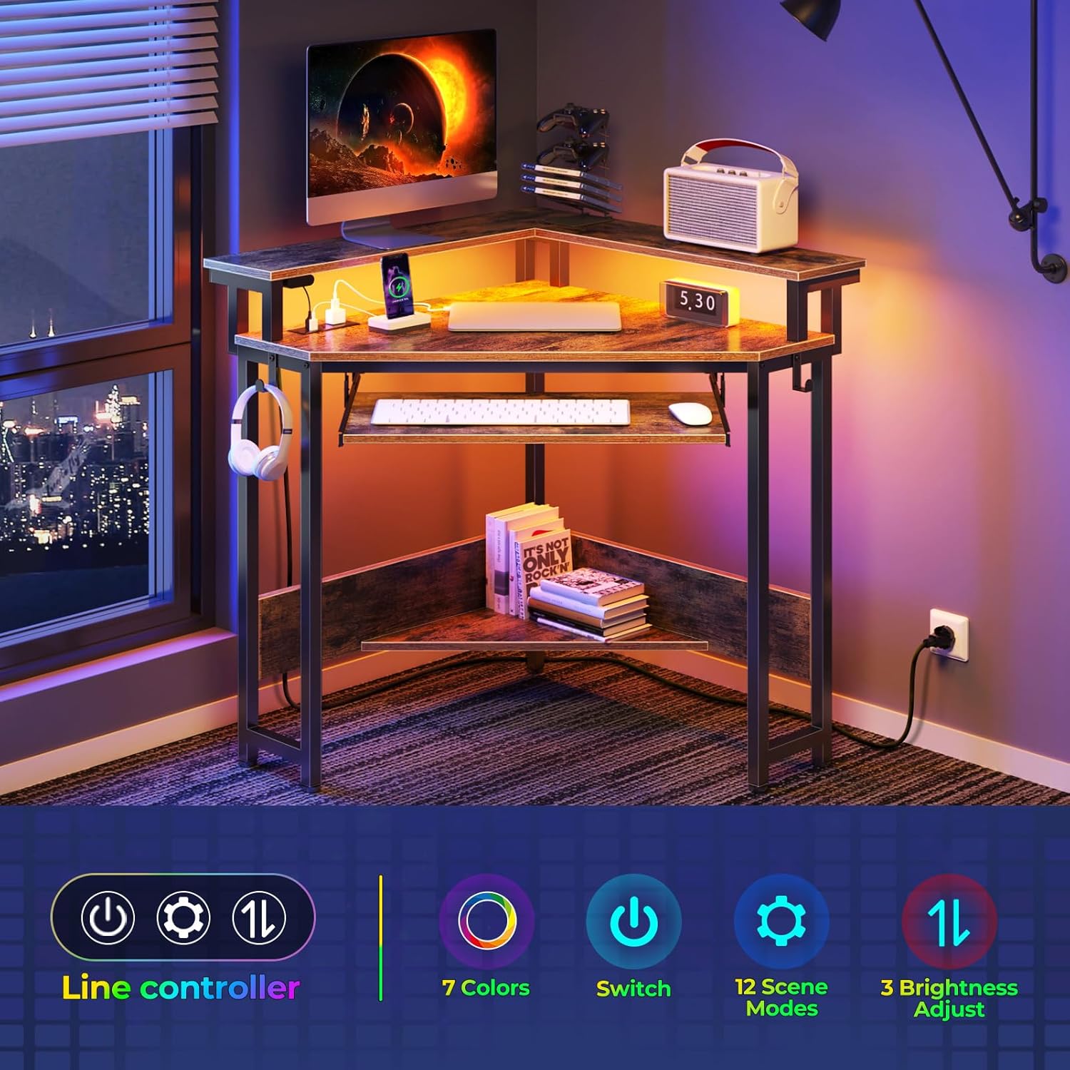 Multi-Functional Corner Desk for Home Office, 4-Color Gaming & Workstation with LED & Power Outlets, 44.5" W Small Space Computer Desk with Keyboard Tray