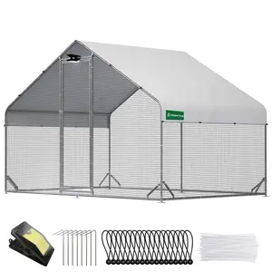 CHIKENCOOP Large Walk-in Metal Chicken Coop with Chicken Run & Hardware Cloth, Solar Light, Waterproof & UV-Resistant Cover, Outdoor Poultry Cage for Farm Use