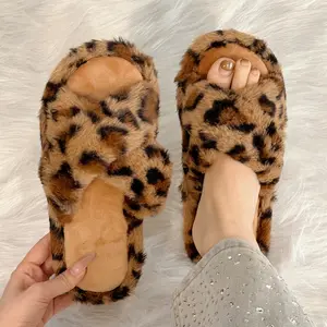 XIXITIAO Women's Plush Leopard Print Soft Fluffy Slippers Casual Comfortable Warm Non Slip Slides Home Footwear for Daily Wear Indoor Outdoor Walking Shoes