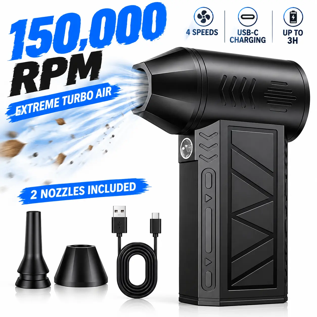 150,000 RPM Turbo Air Blower, Powerful Electric Air Duster, High-Speed Compressed Air Duster for Car Cleaning, PC Keyboard, Computer, Garage, Home & Outdoor, Cordless Rechargeable Portable Air Blower