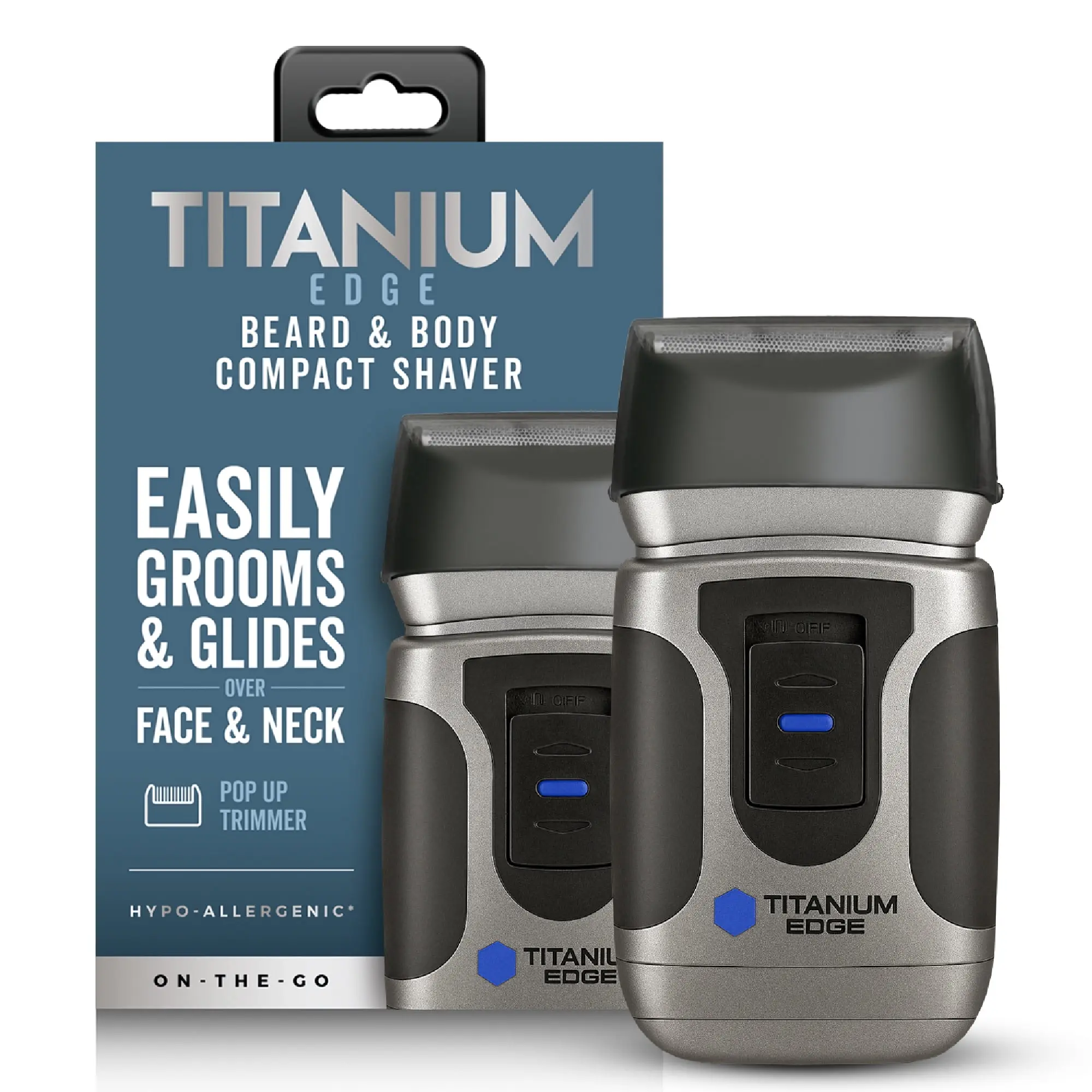 Titanium Edge Beard & Body Compact Shaver – Men’s Electric Groomer for Face, Neck & Body – Pop-Up Trimmer, Titanium Blade, Hypoallergenic, Travel Ready