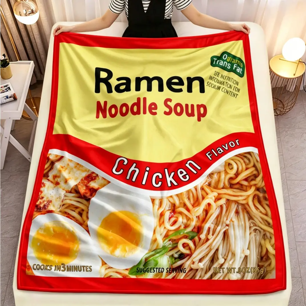 Ramen Noodle Chicken Flavor Flannel Blanket, Funny Food Theme Soft Warm Nap Throw for Adults Kids, AC Room Sofa Bed Gift for Ramen Lovers