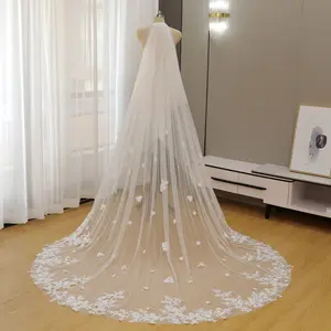 Fairy-Tale Cathedral Length Bridal Veil with Scattered 3D Floral Lace Applique