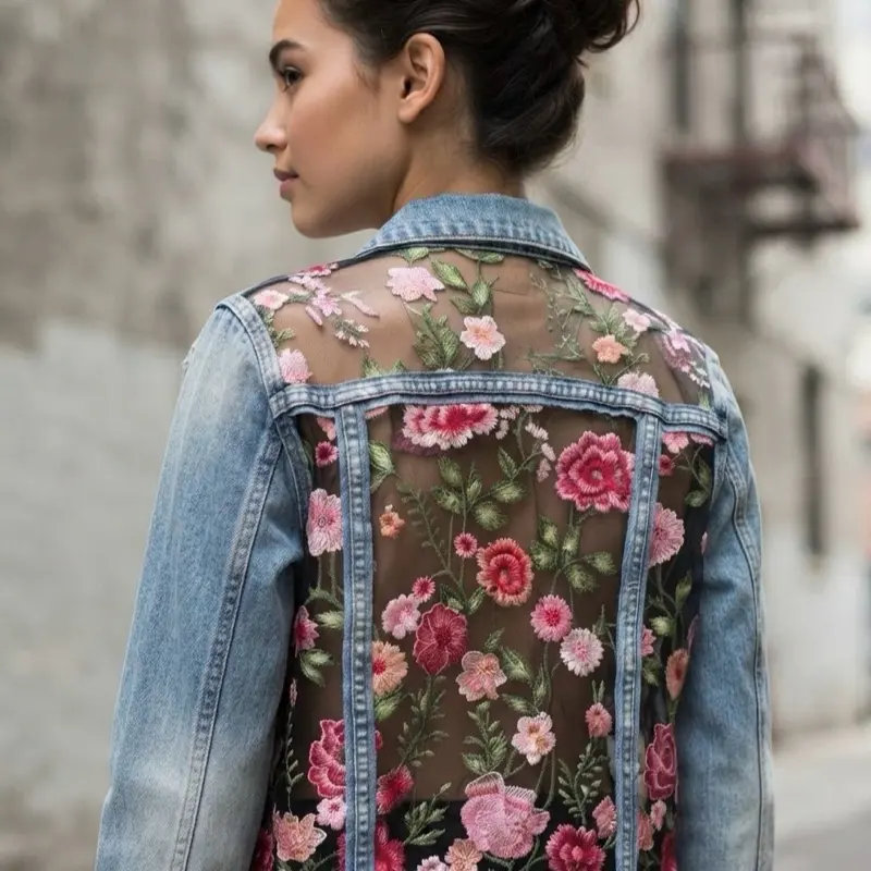 Light Blue Boho Custom Denim Jacket for Women, Floral Lace Jean Festival Outfit with Unique Embroidered Mesh Back