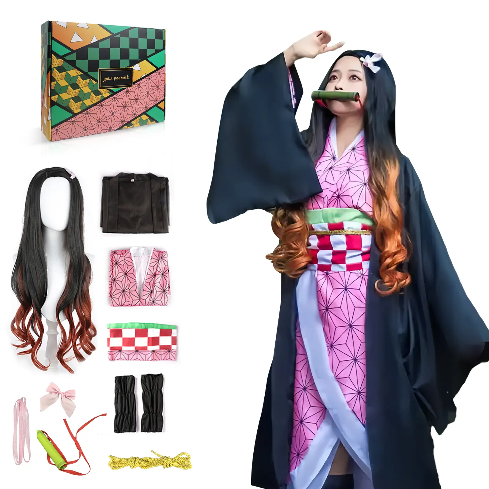 Anime Cosplay Costume Set, Plaid Kimono Jacket and Pants Outfit with Belt & Wig for Unisex Adults Halloween, Anime Costumes, Clothes, Kimono+Jacket+Pants, All-In-One Set, Easy Wear