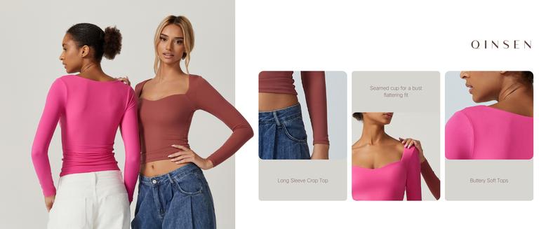 QINSEN Womens Sweetheart Neck Long Sleeve Basic Tops Slimming Fit Tee Shirt Trendy Crop Top