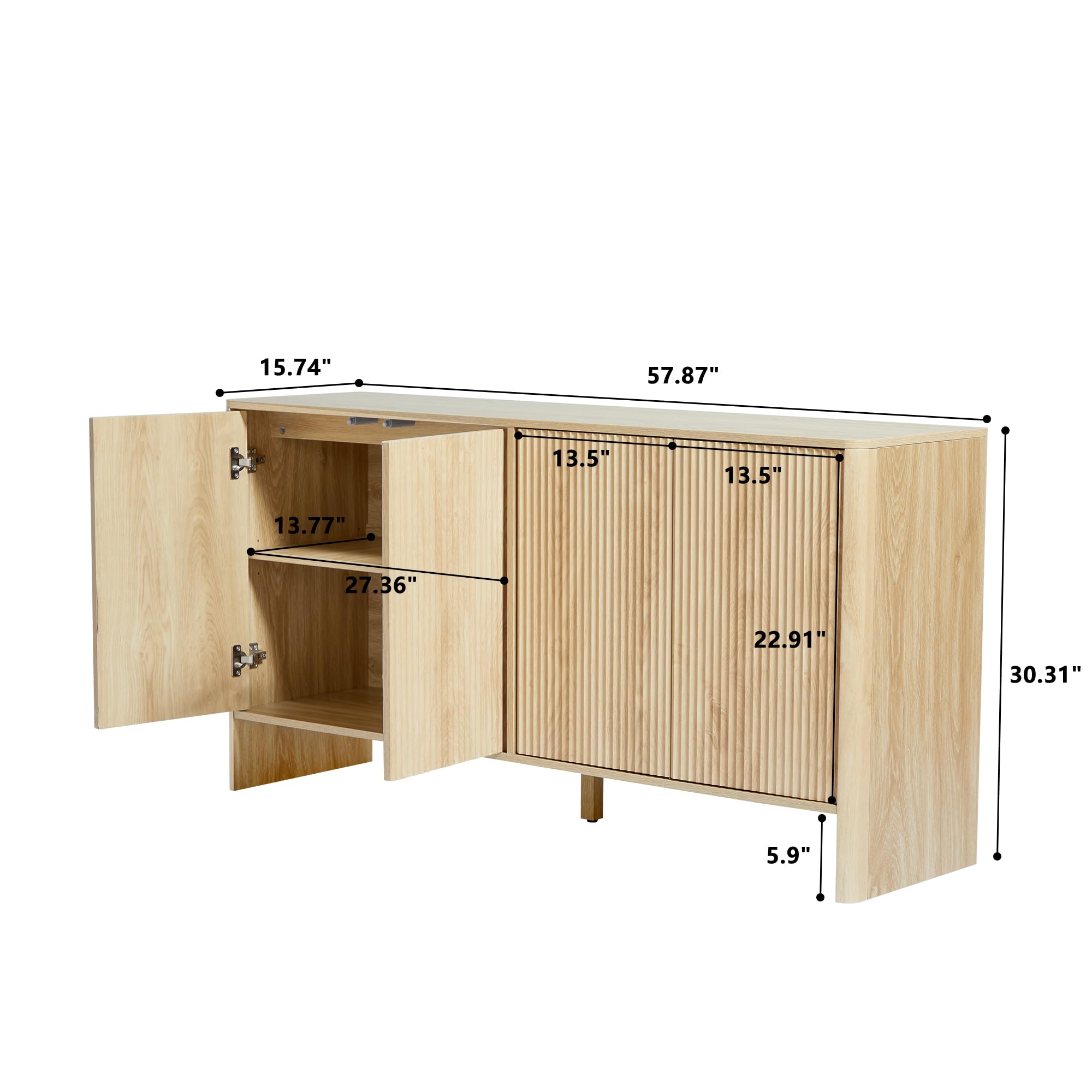 Giratree 57.87" Sideboard Buffets Cabinet, Modern Accent Storage Cabinet with 4 Fluted Doors and Adjustable Shelves, Wood Credenza Buffet Sideboards, Console Table for Kitchen Dining Living Room Entryway