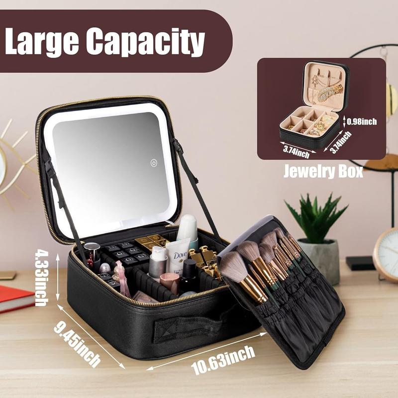 Makeup Bag with LED Mirror, Small Travel Makeup Case with Rechargeable Lighted Mirror 3 Color Lights, Double Layer Cosmetic Box Makeup Brush Lipstick Holder Organizer for Women, Black