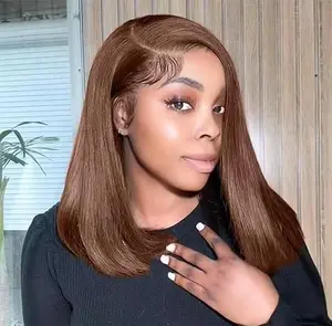 13X4 Straight #4 Brown Bob Wig Human Hair Glueless Lace Frontal Wigs Pre Plucked With Baby Hair 100% Unprocessed HD Transparent Blunt Cut Chocolate Brown Bob Lace Front Wigs For Black Women 10 Inch