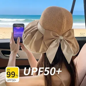Wide-brimmed bow-tie premium sun hat, UPF50+ stylish casual sun protection bucket hat
