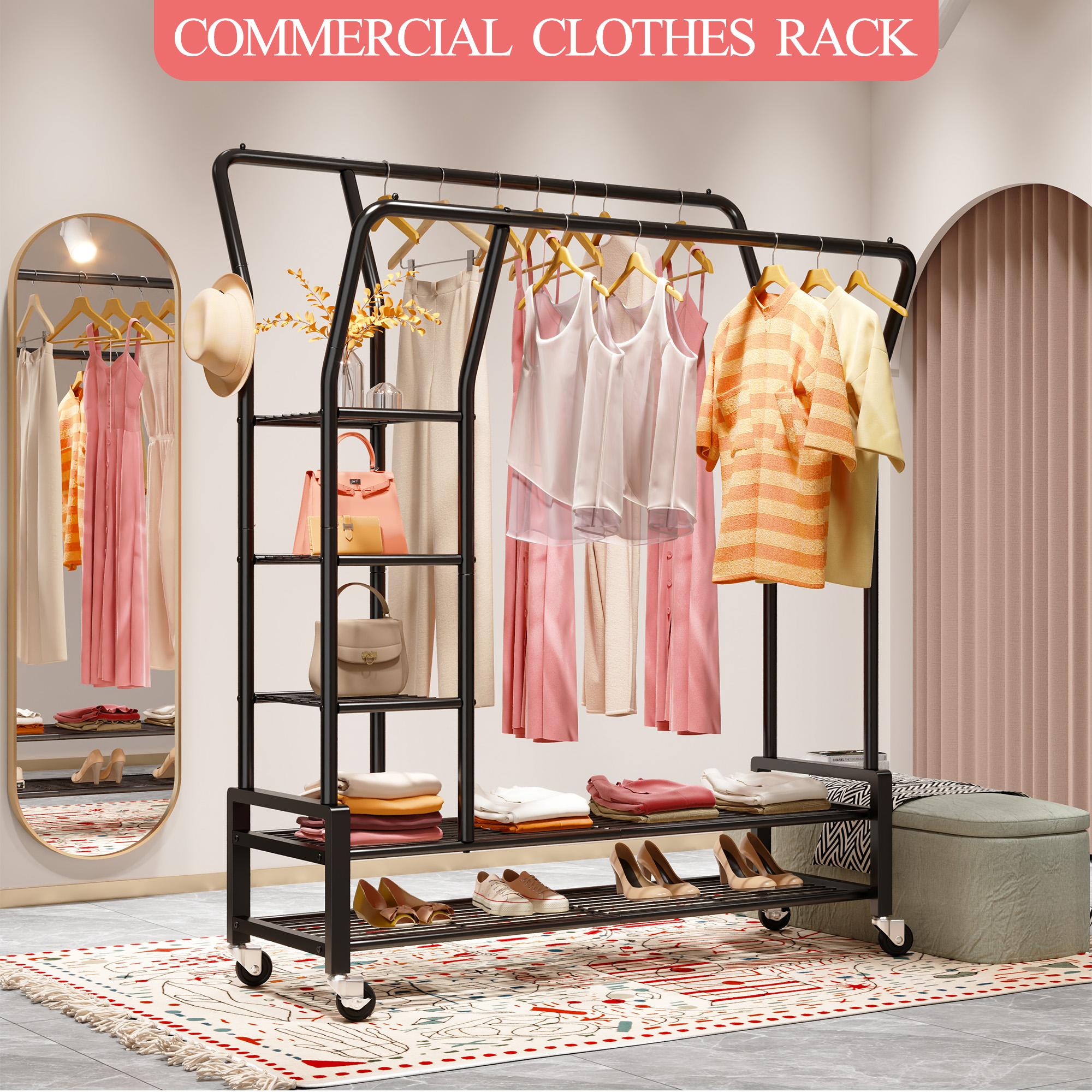 Raybee Clothing Rack with Shelves &Double Hanging Rods, Portable Clothes Rack with Wheels Rolling Garment Rack,  HangingClothing racks Holds Up to 245LBS, Metal Closet Rack, Clothes Organizer Solutions 43.3"Wx22"Dx70.3"H