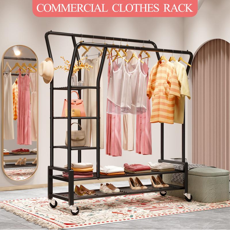 Raybee Clothing Rack with Shelves &Double Hanging Rods, Portable Clothes Rack with Wheels Rolling Garment Rack,  HangingClothing racks Holds Up to 245LBS, Metal Closet Rack, Clothes Organizer Solutions 43.3"Wx22"Dx70.3"H