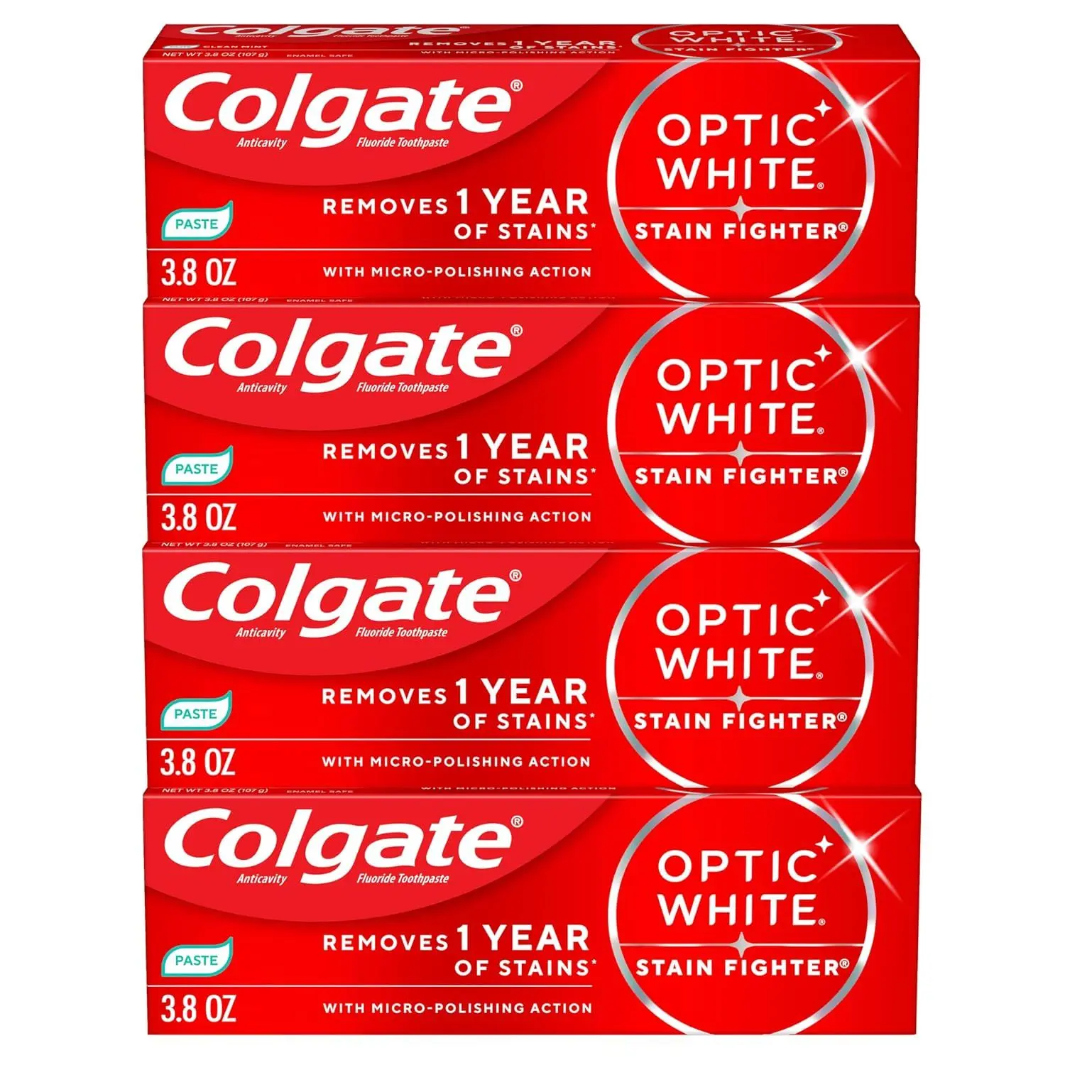 Colgate Optic White Stain Fighter Whitening Toothpaste, Mint, 4 Pack, 3.8oz – 3.8 Ounce (Pack of 4)