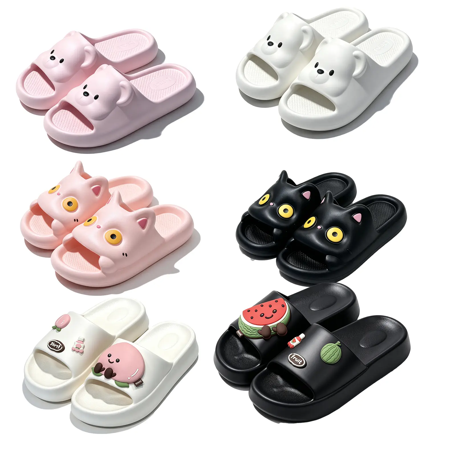 Women's Cartoon Prints Cloud Slides - 15 Pairs Multi-Style Kawaii 3D Bear Cat Fruit Decor Thick Platform Pillow Slippers, Soft EVA Non-Slip Quick-Dry Beach/Shower Footwear, Indoor/Outdoor Summer Shoe,back to school,back to school haul