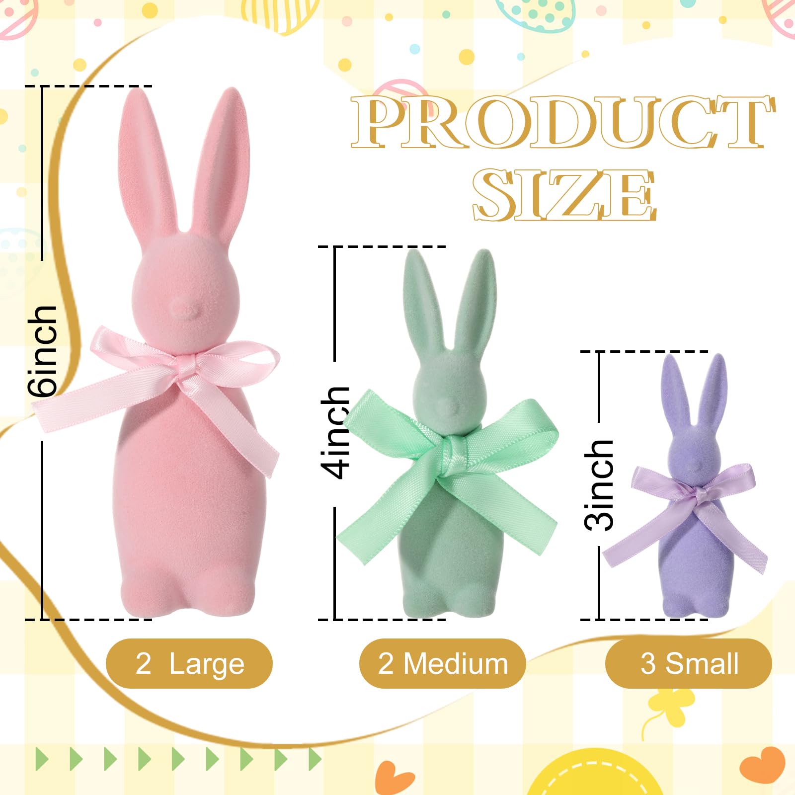 Pastel Flocked Easter Bunny Figurines - 7/6/4 Pcs Cute Velvet Rabbit Statues Set with Bow Ties, Adorable Easter Decor 2026 Bunny in Multiple Sizes & Poses for Tiered Tray Decor Spring Table Centerpiece Shelf Mantel Display Home Party Gifts Basket Stuffers