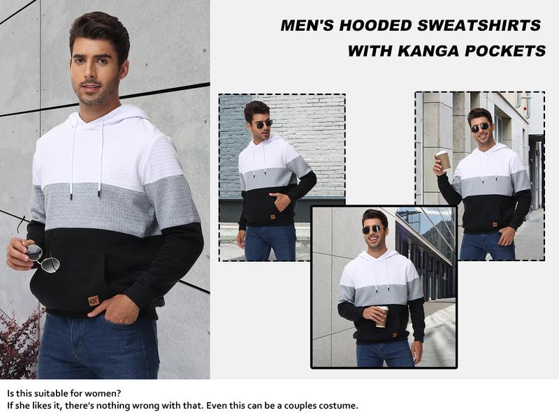 Men's Sweatshirts Long Sleeve Pullover Patchwork Plaid Jacquard Hoodie Casual Drawstring Hoody Top Breathable Sportswear with Kangaroo Pocket & Adjustable Drawstring