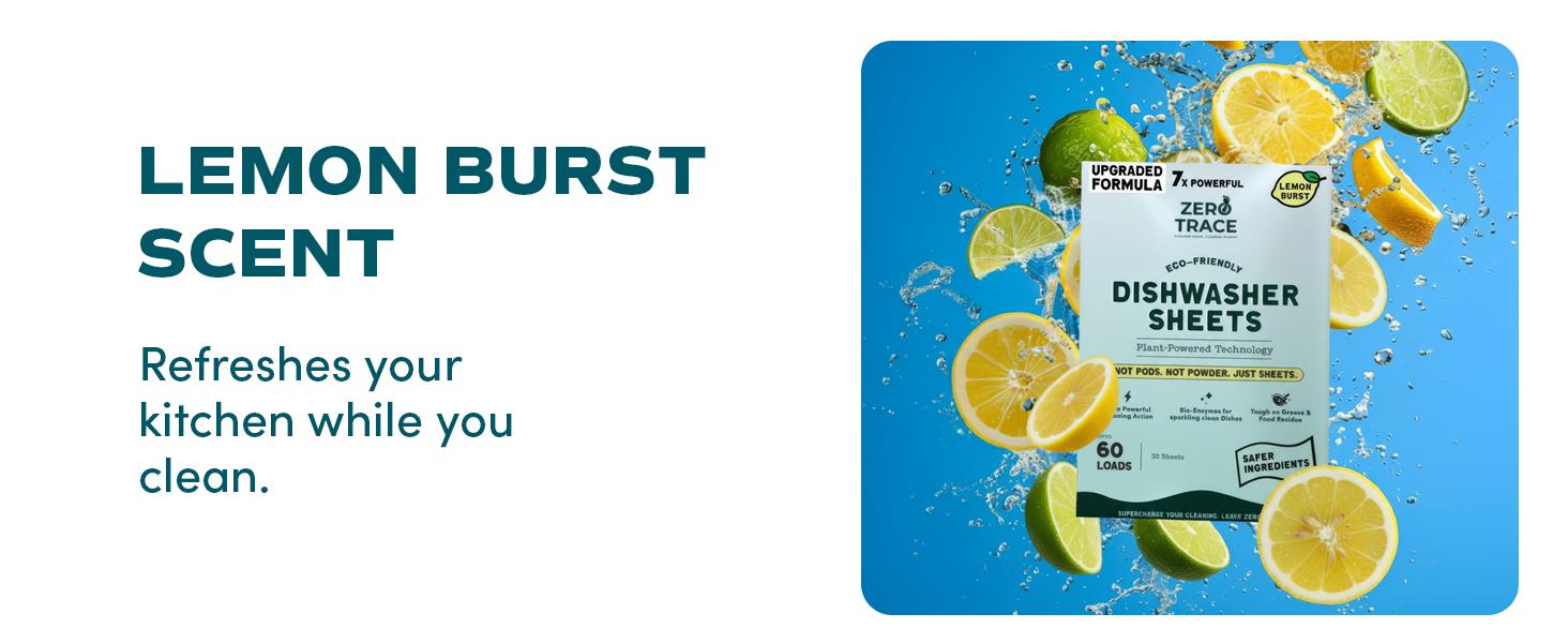 Zero Trace Dishwasher Detergent Lemon Burst - Eco-Friendly Sheets for Dish Washing - Plant Powered Technology - More Efficient than Dishwasher Pods or Tablets (38 Sheets) Cleaner Cleaning