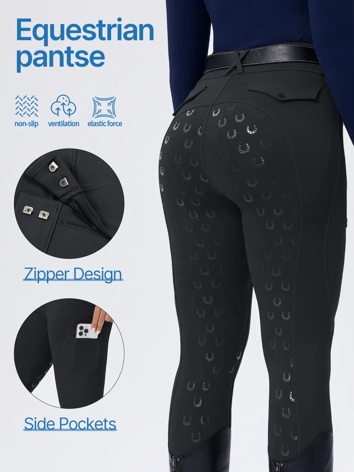 Spring Summer Silicone Equestrian Sport Pants for Women, Athletic Bottoms, Anti-Slip Wear-Resistant, Ventilation, High Elasticity Elastic Force, Quick-Dry, Side Pockets, No Belt Included