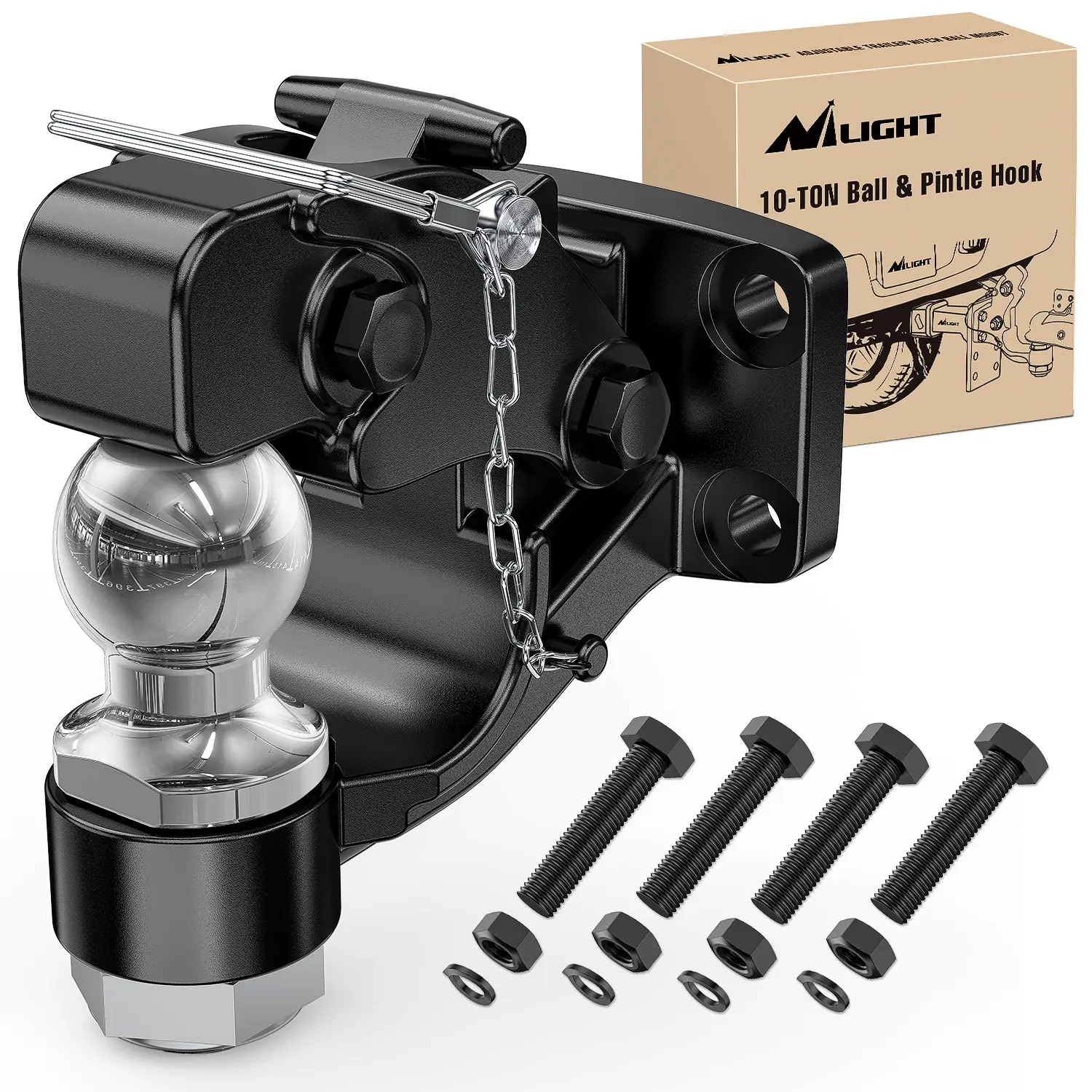 Nilight Pintle Hook & Trailer Hitch Receiver Combination with 2-5/16 in Hitch Ball, Mounting Kit - 14000LBS Black Bolt-On Adjustable Powder-Coated for Towing ATVs, Hauling Motorcycles, Campers