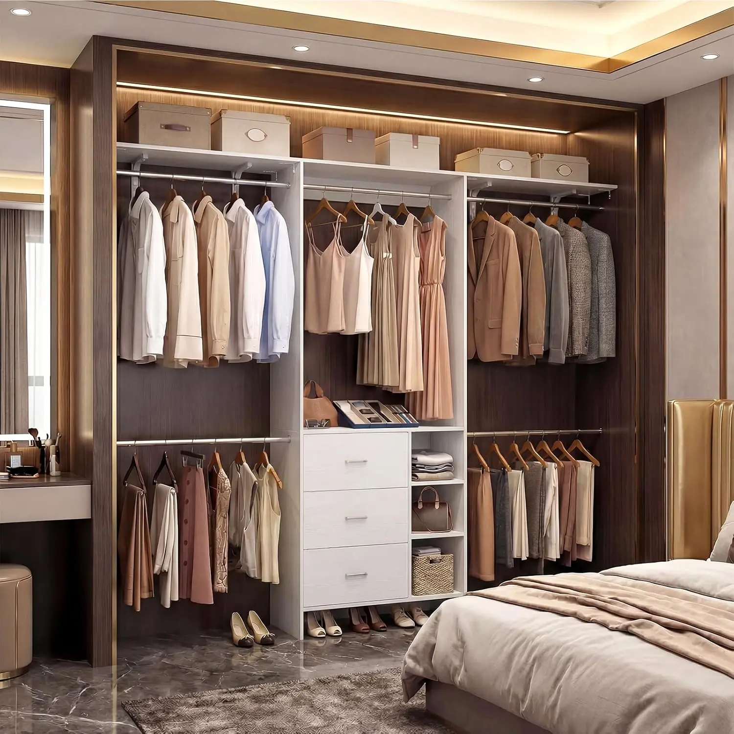 Cyclysio White Oak Wardrobe Wall Mount Waterproof Wooden Closet Organizer System - 8FT, 5 Hanging Rods, 3 Wood Drawers, 400+ Clothes Capacity, Expandable 5.3-9FT, Stable Room Storage, Customizable (Fits 60in+ Spaces), Garment Rack