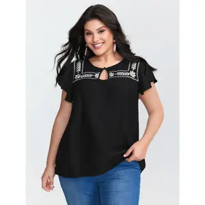 【Summer Turn-Up】【Essential】BlOOMCHIC Plus Size Embroidered Neckline Flutter Sleeve Blouse [M-6X] 2026 Summer Pick for Mother's Day