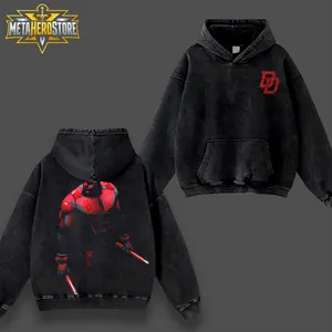 [MetaHero] Daredevil DD Red Vigilante Graphic T-Shirt Hoodie #93, Matt Murdock Dark Hero Back Print Tee, Black Acid Wash Oversized Shirt, Comic Inspired Streetwear Pullover Hoodie, Superhero Fan Gift