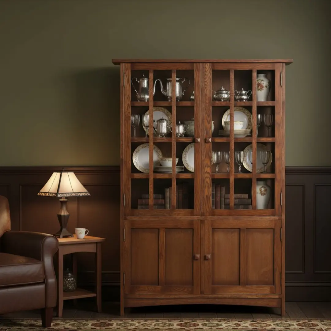 Mission Oak Wood Display China Cabinet, Walnut Finish - 4 Glass Doors, 3 Shelf Tiers, 49"W - Show China & Glass, Display Cabinet Living Room Furniture