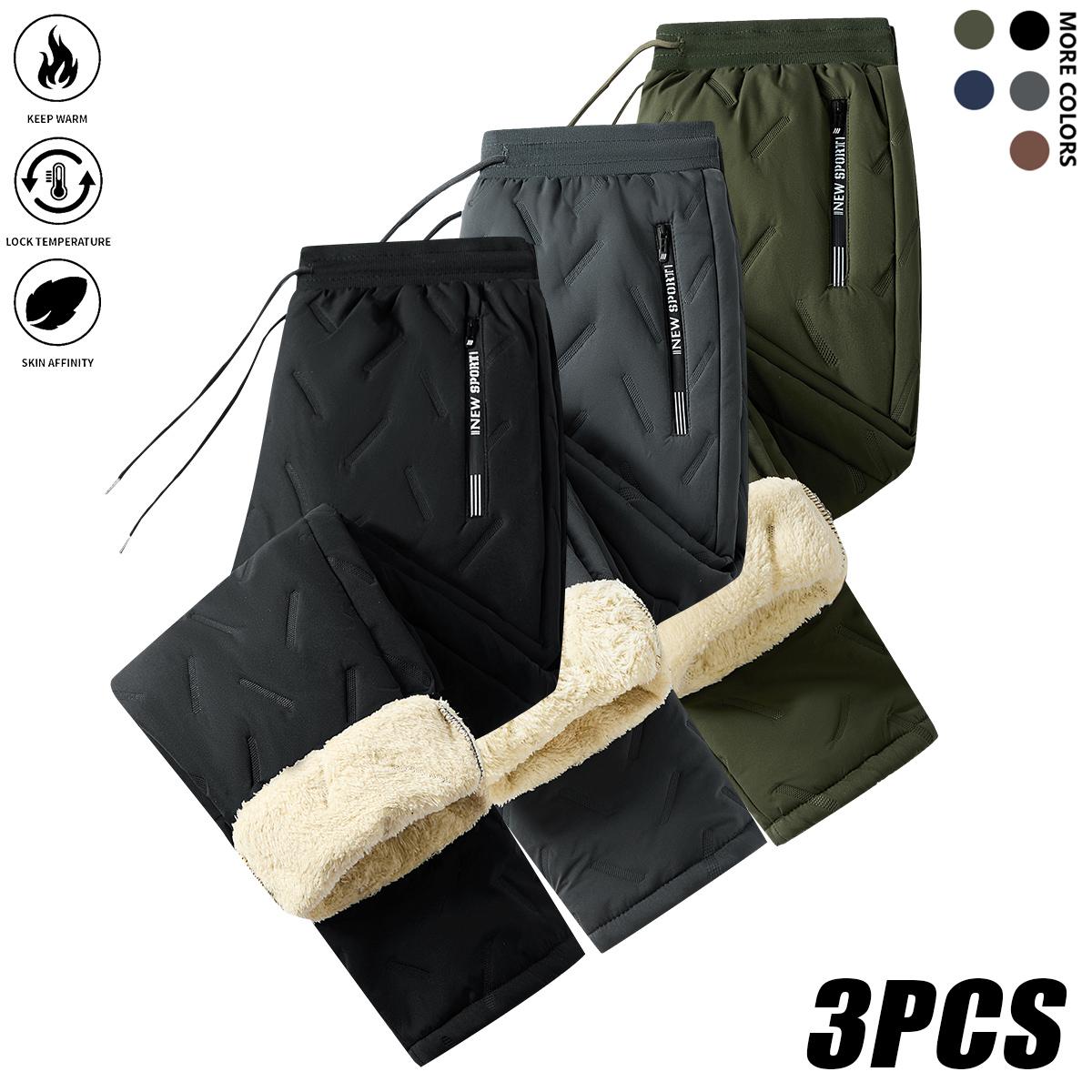 Men's Warm Winter Pants Set - 3 Pack Thick Cotton Trousers with Drawstring Waistband, Black Cold-Resistant for Daily and Formal Wear, Side Pockets - Suitable for Office Work and Outdoor Activities solid drawstring waist sweatpants wind  proof  pants mens
