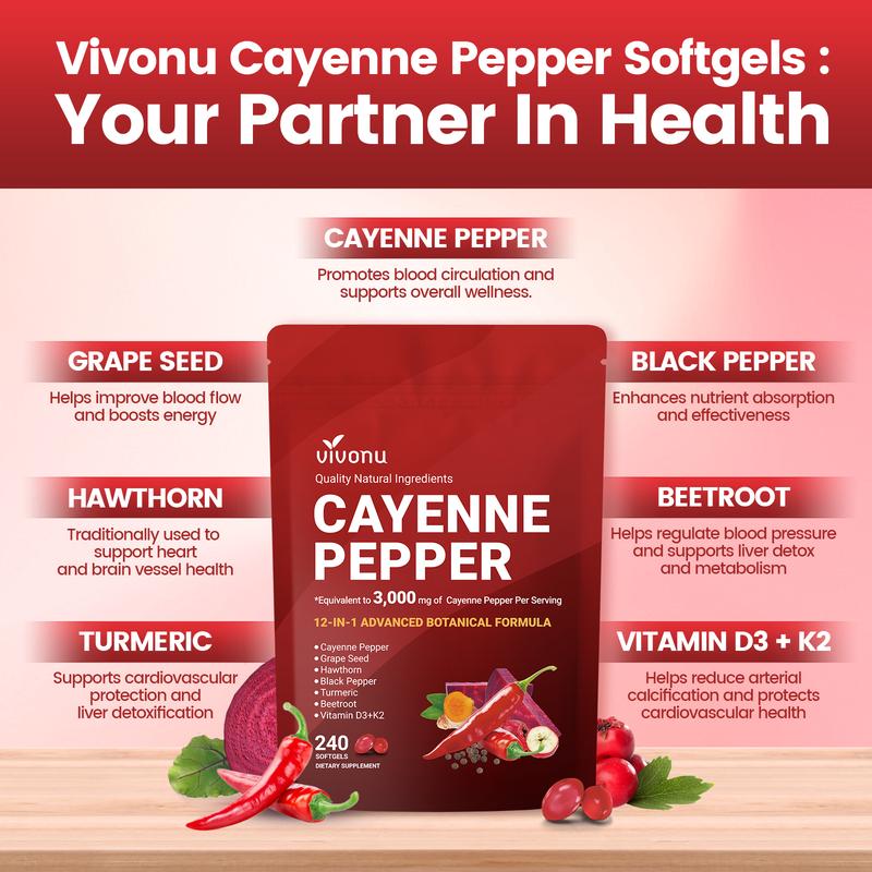 VivoNu Cayenne Pepper Softgels Supplement, Supports Leg Vein, Heart and Blood Vessel Health, with Vitamin E D3+K2 and Extracts of Grape Seed, Hawthorn, Beetroot and Others (240 Softge /1 Bag) VivoNu Cayenne Pepper Softgels Supplement, Supports Leg Vein, Heart and Blood Vessel Health, with Vitamin E D3+K2 and Extracts of Grape Seed, Hawthorn, Beetroot and Others (240 Softge /1 Bag)