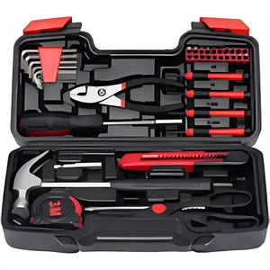39-Piece Red Household Tool Kit, All-in-One Basic Home Repair & DIY Tool Set with Portable Plastic Toolbox, Essential Tools for College Students, Renters & Homeowners