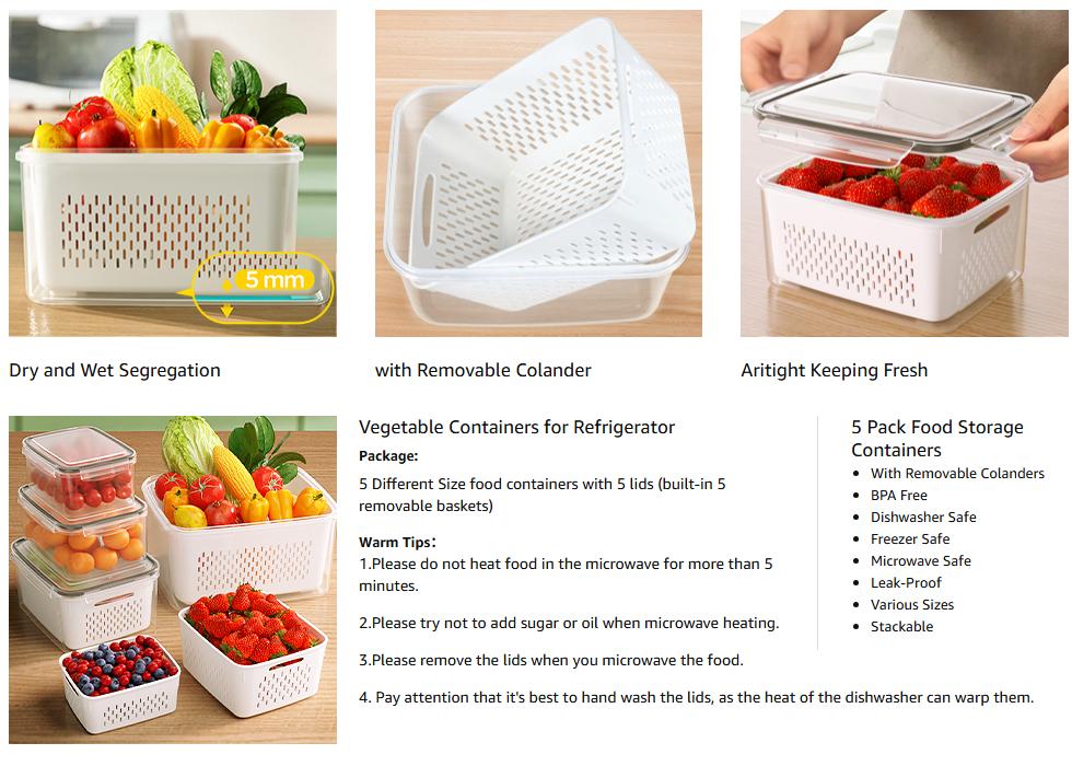 5-Pack Fruit Frige Organizers and storage-Stackable Fruit Storage Containers for Fridge with Removable Colanders 4 in 1 with Lids for Salad Berry Meat