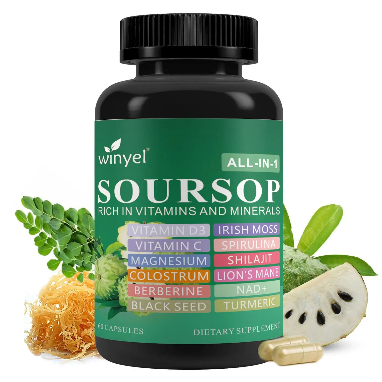 Soursop supplement containing 20 herbal extracts including seaweed, lion's mane mushroom, turmeric, black seed oil, oregano, and mullein, promoting overall health. Vegan, 60 capsules.