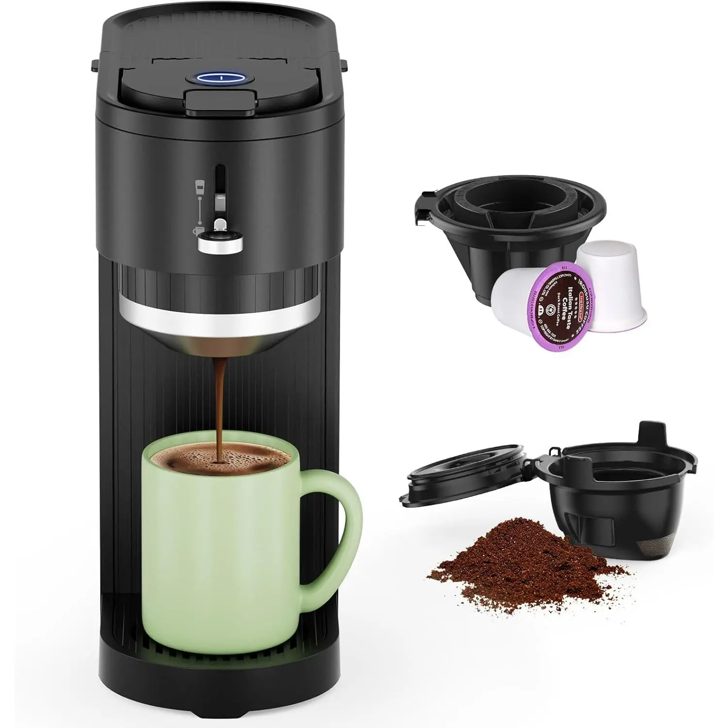 Kismile Single-Serve Coffeemaker with Carafes, Capsule & Ground Coffee Compatible, 5 Brew Sizes Up to 14 Oz, Adjustable Funnel Height, Compact Quick Brew, Easy to Clean, Ideal for Home/Office, Black, Single-Serve Coffeemaker Carafes, 5 Customizable Brew S