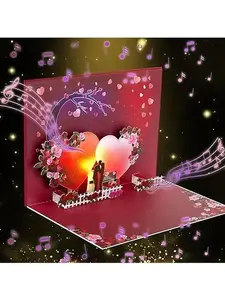 Valentine's Day Card with Light & Music, Romantic Pop Up Greeting Card, Anniversary, with Envelope.