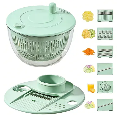 UFORU Durable Plastic Salad Spinner Set - 5.3 Qt Kitchen Utensil Kit with 3-in-1 Washing Bowl-Strainer, 5-Blade Slicer, Egg Yolk Strainer, Serving Bowl, Garlic-Grater Lid for Fruit Prep, Compact Storage, Daily Family Meals, Holiday Salads