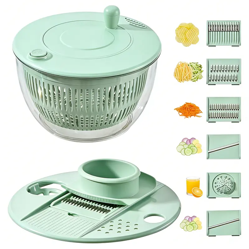 UFORU Durable Plastic Salad Spinner Set - 5.3 Qt Kitchen Utensil Kit with 3-in-1 Washing Bowl-Strainer, 5-Blade Slicer, Egg Yolk Strainer, Serving Bowl, Garlic-Grater Lid for Fruit Prep, Compact Storage, Daily Family Meals, Holiday Salads